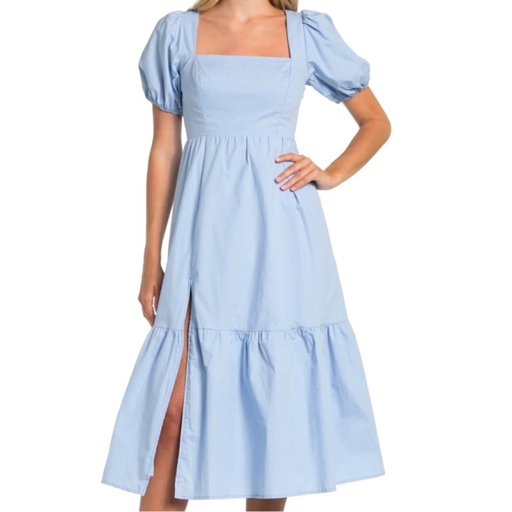 Astr Powder Blue Square Neck Puff Sleeve Midi Dress with Front Slit